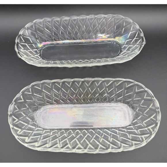 Other - Vintage Iridescent Clear Glass Relish Dishes Diamond Lattice Pattern Set of 2